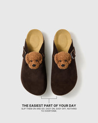 Pair of poodle suede clogs showing the open heel, closed toe, and easy slip-on shape