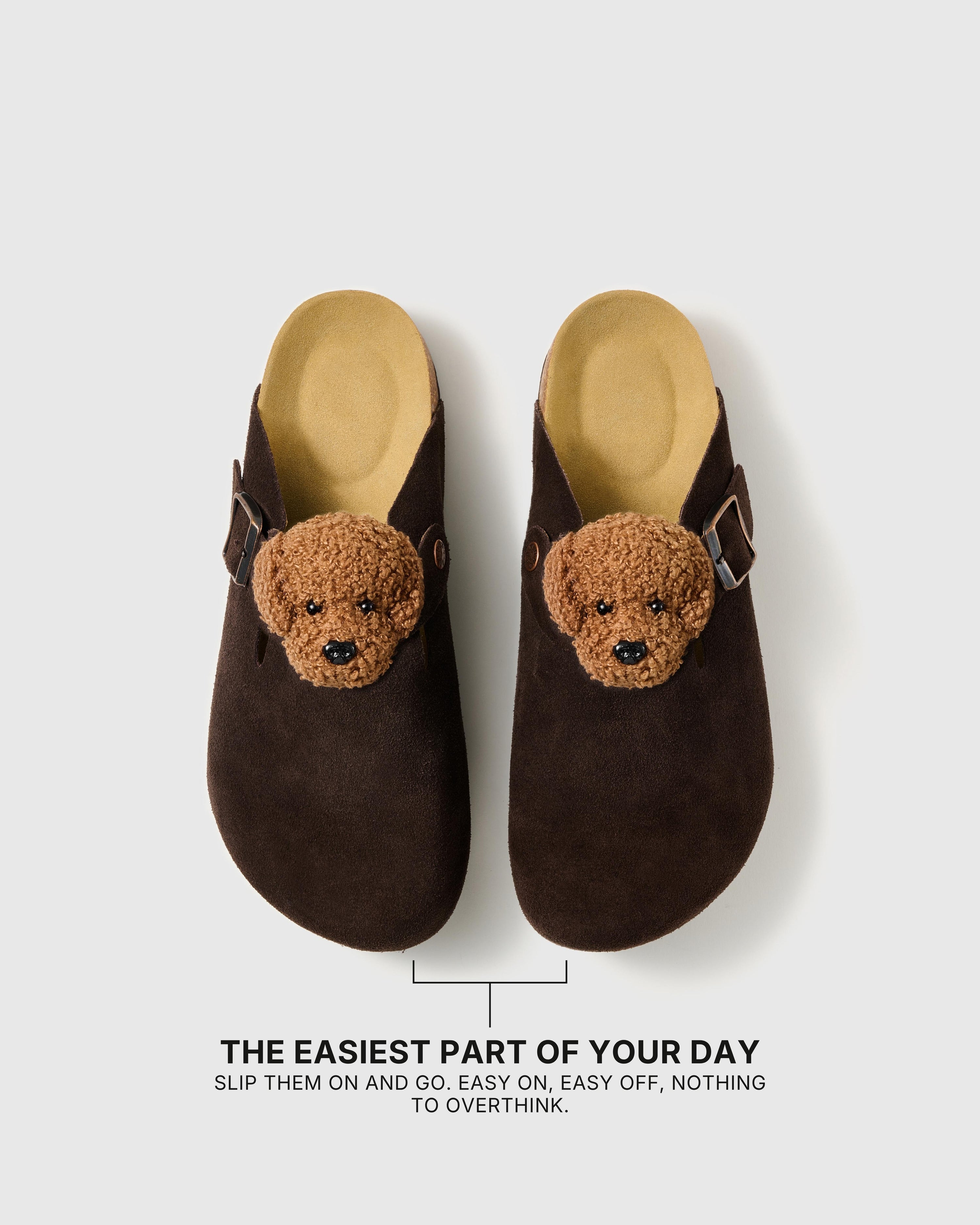 Pair of poodle suede clogs showing the open heel, closed toe, and easy slip-on shape