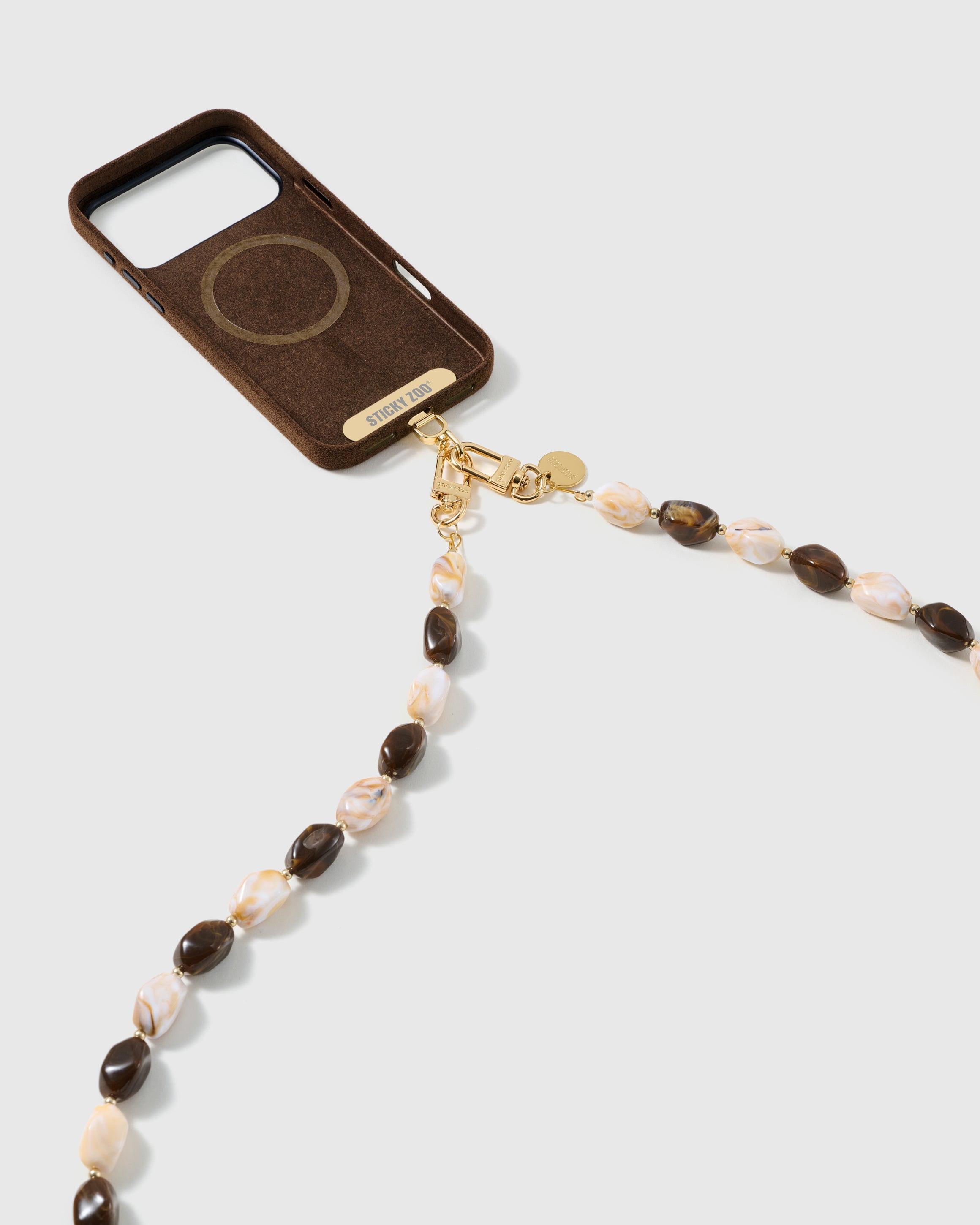 Dual-clasp beaded cross-body strap clipped to a phone case, showing universal fit via the included Phone Strap Card