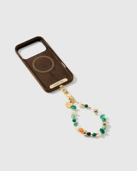 Emerald green mixed bead strap attached to a phone case with the included Phone Strap Card