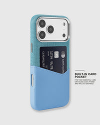 Built-in pocket on the Sky Blue wallet phone case holding one essential card