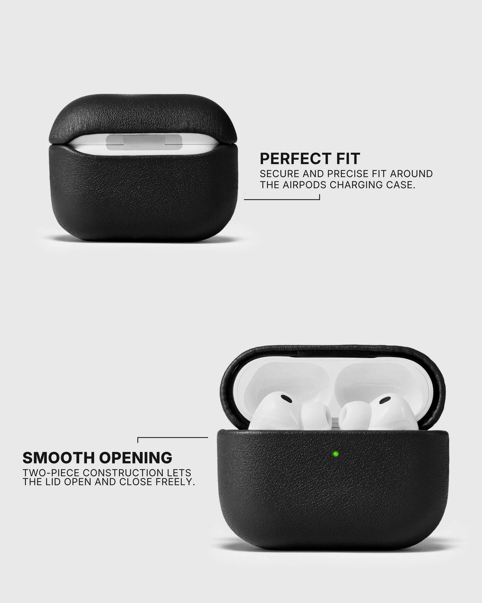 Closed and open Black AirPods case showing its fitted two-piece shell