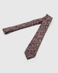 Full-length STICKYZOO Claret Paisley Tie laid flat on white, showing the complete large paisley florals repeat and 145 × 8 cm proportions