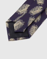 STICKYZOO Aubergine Gilded Feather Tie reverse showing structured interlining and hand-finished slip stitching, 145 × 8 cm.