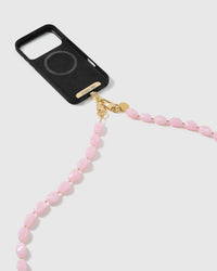 Dual-clasp beaded cross-body strap clipped to a phone case, showing universal fit via the included Phone Strap Card