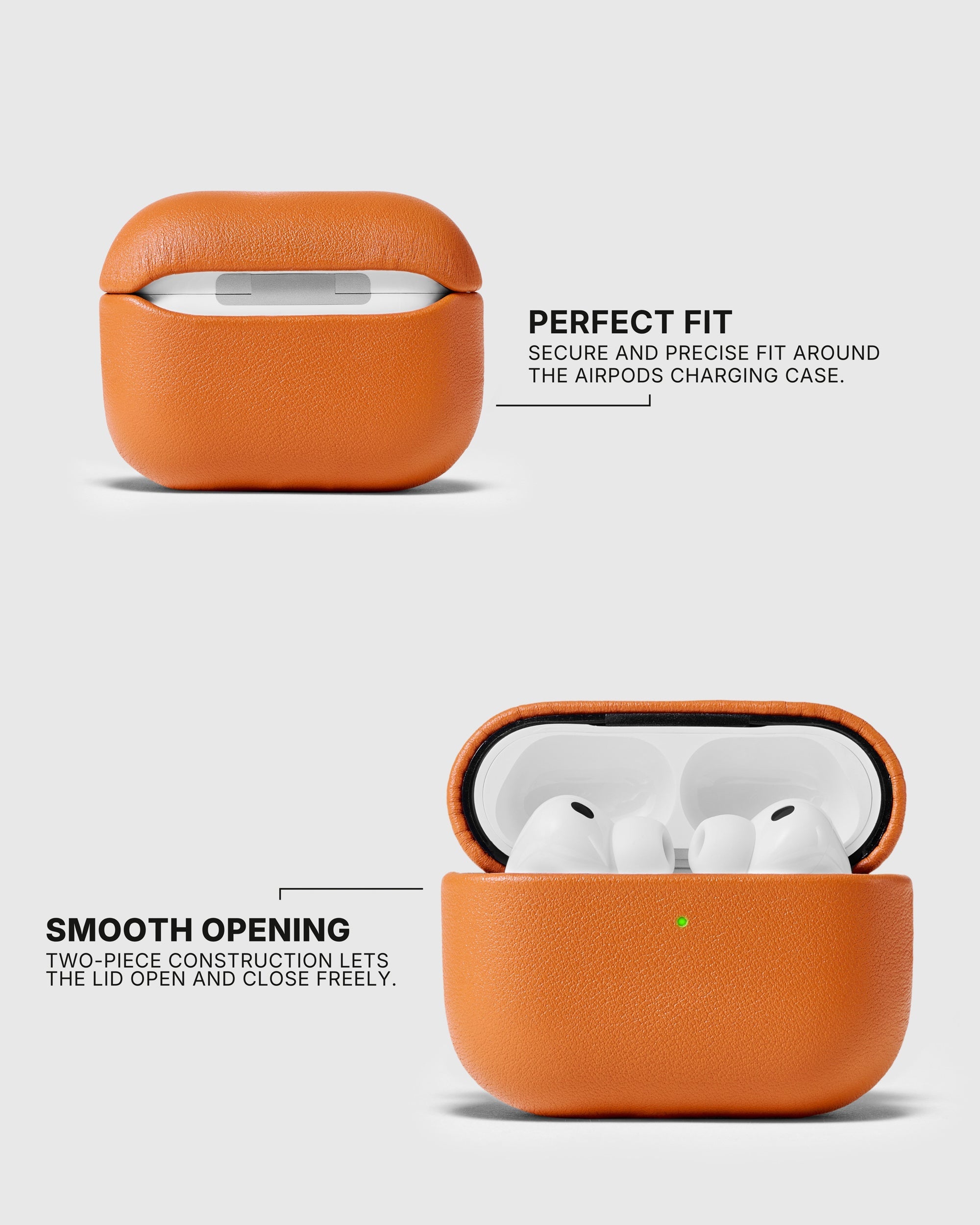 Closed and open Orange AirPods case showing its fitted two-piece shell