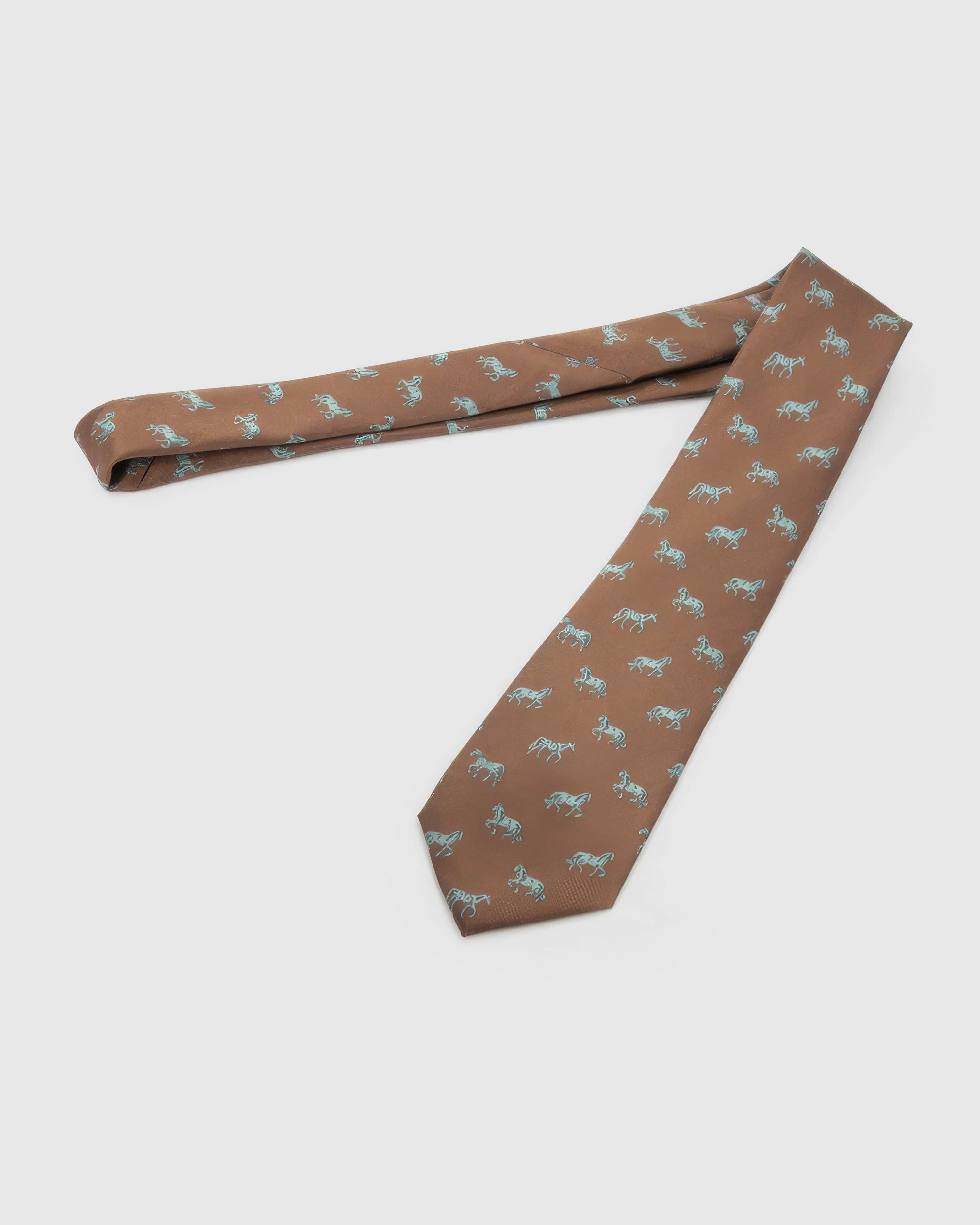 Full-length STICKYZOO Chestnut Horse Tie laid flat on white, showing the complete mixed horse illustrations repeat and 145 × 8 cm proportions