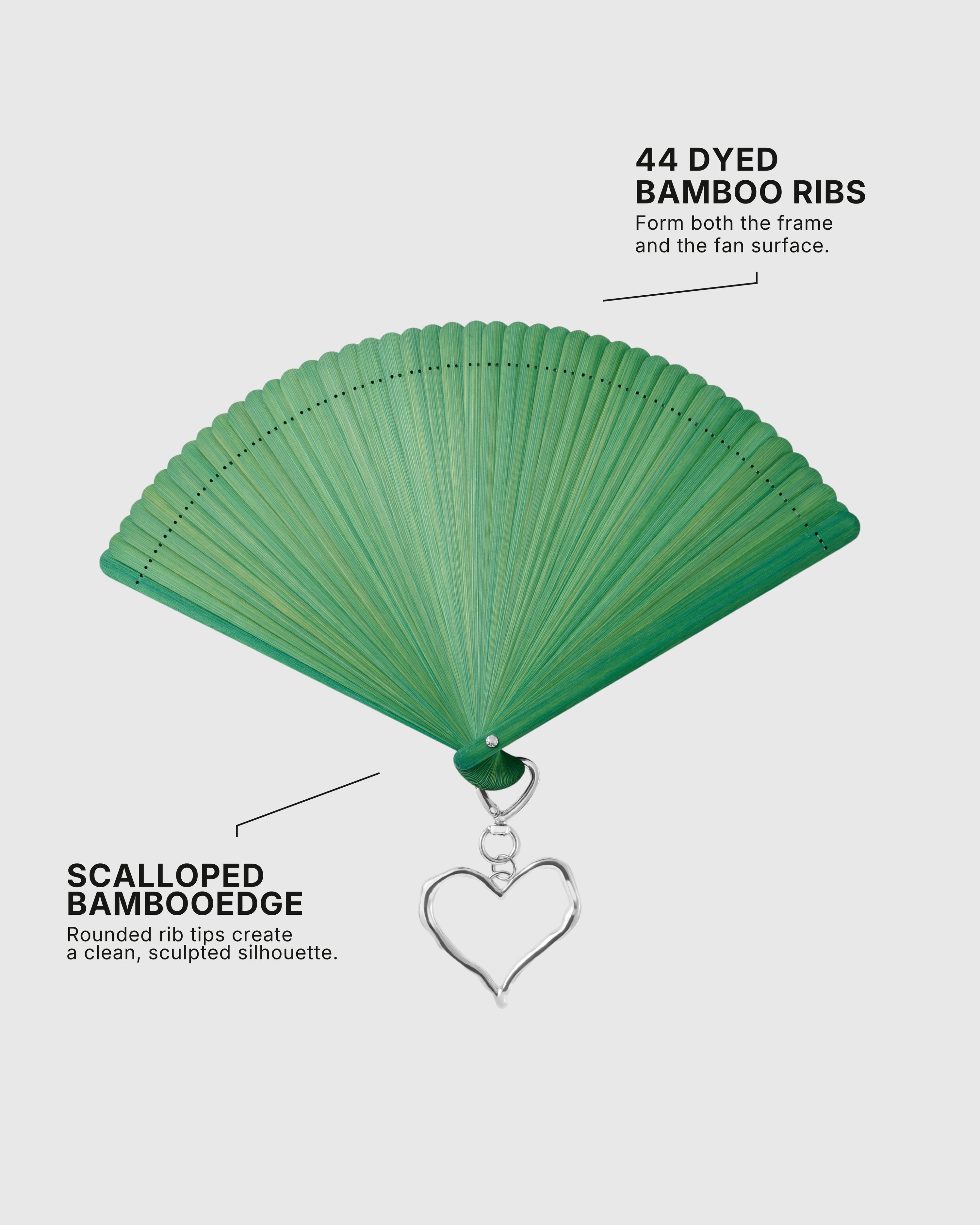 Open green hand fan showing 44 dyed bamboo ribs and rounded tips
