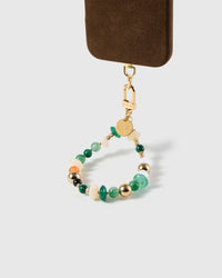 Emerald green mixed bead wrist strap clipped to a black phone case for hands-free carry