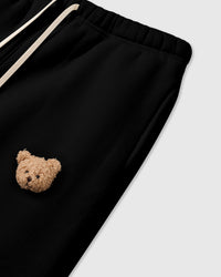 Detail of second bear applique on STICKYZOO black Sticky Bear Sweatpant