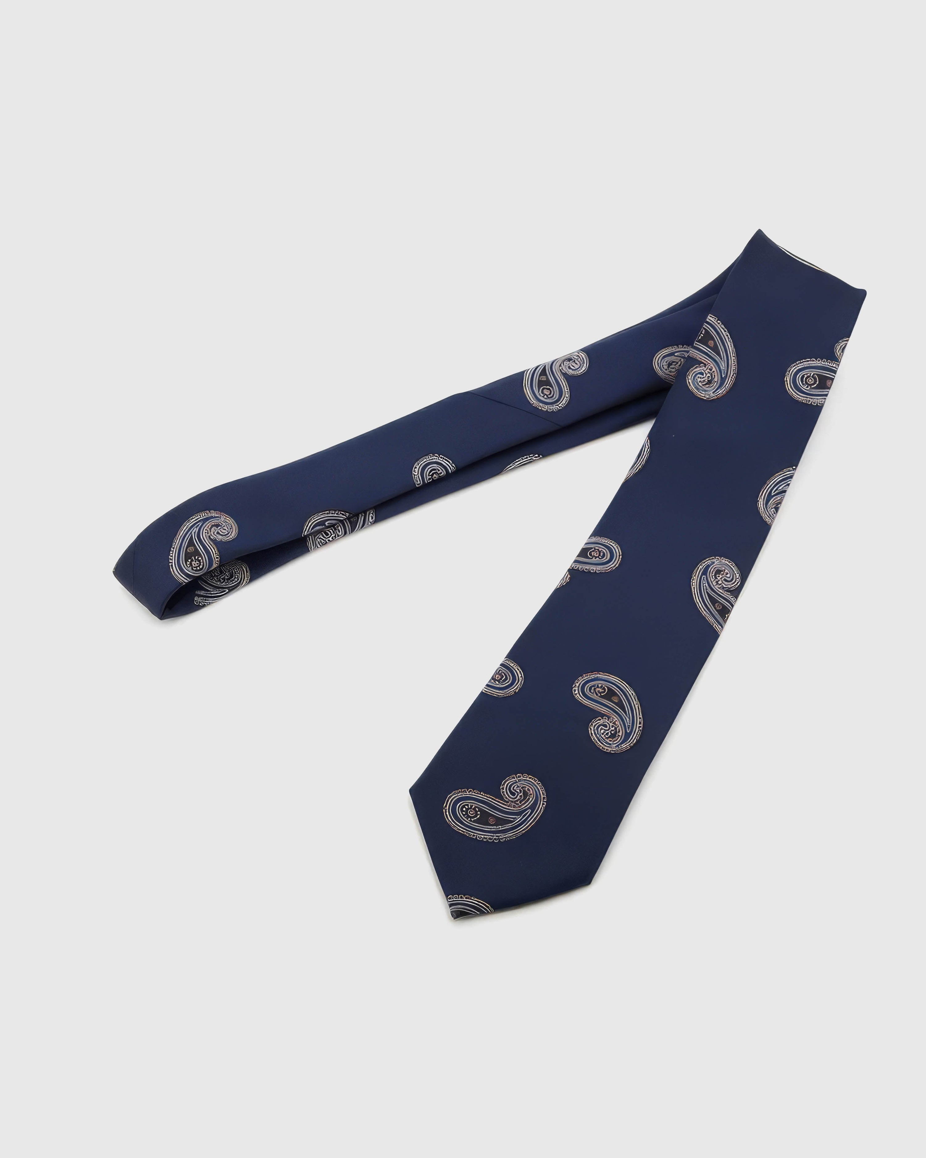 Full-length STICKYZOO Navy Oxblood Paisley Tie showing ivory-oxblood paisleys across a 145 × 8 cm hand-finished mulberry silk tie