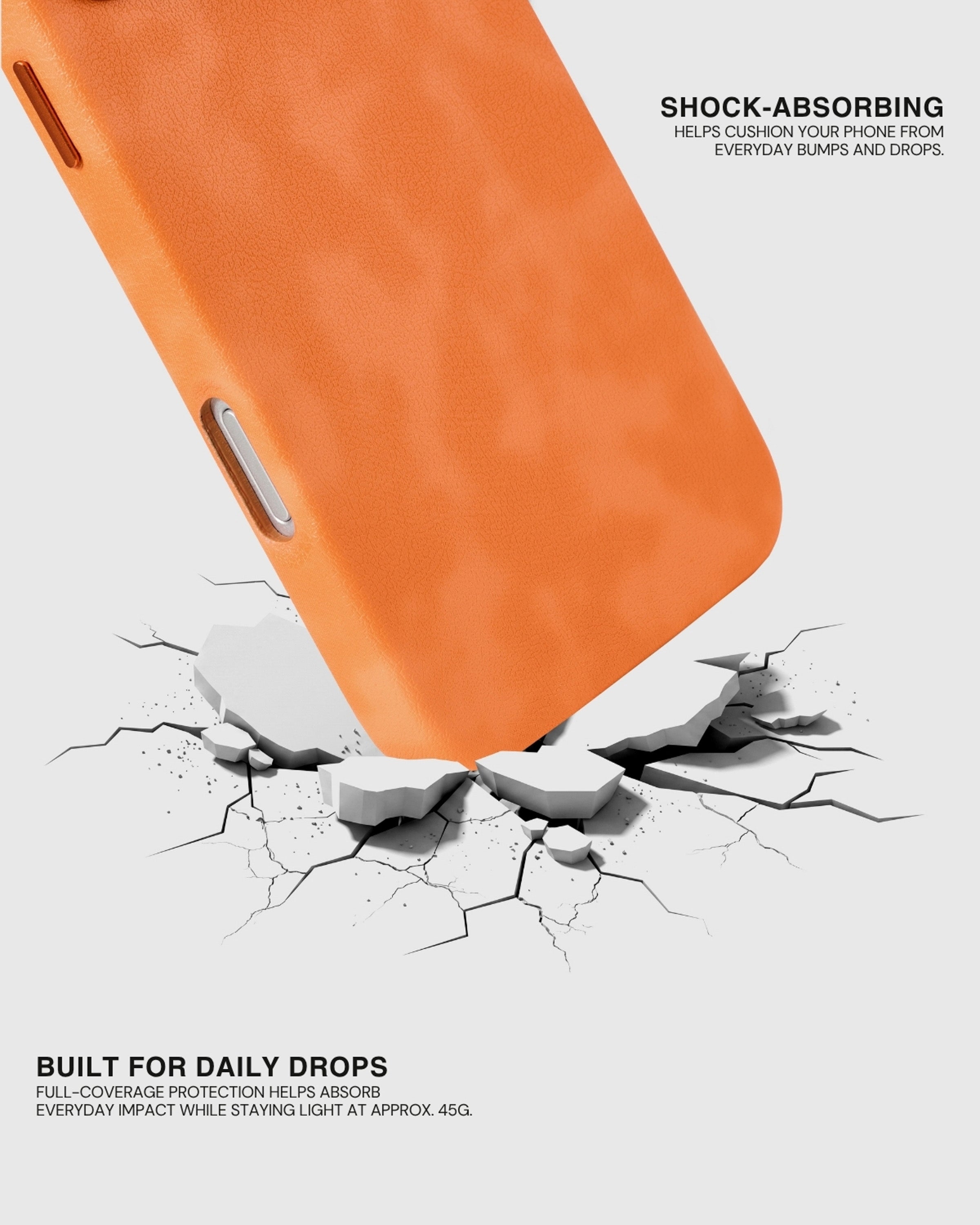 Splash-resistant orange vegan leather case surface wiping clean after water droplets