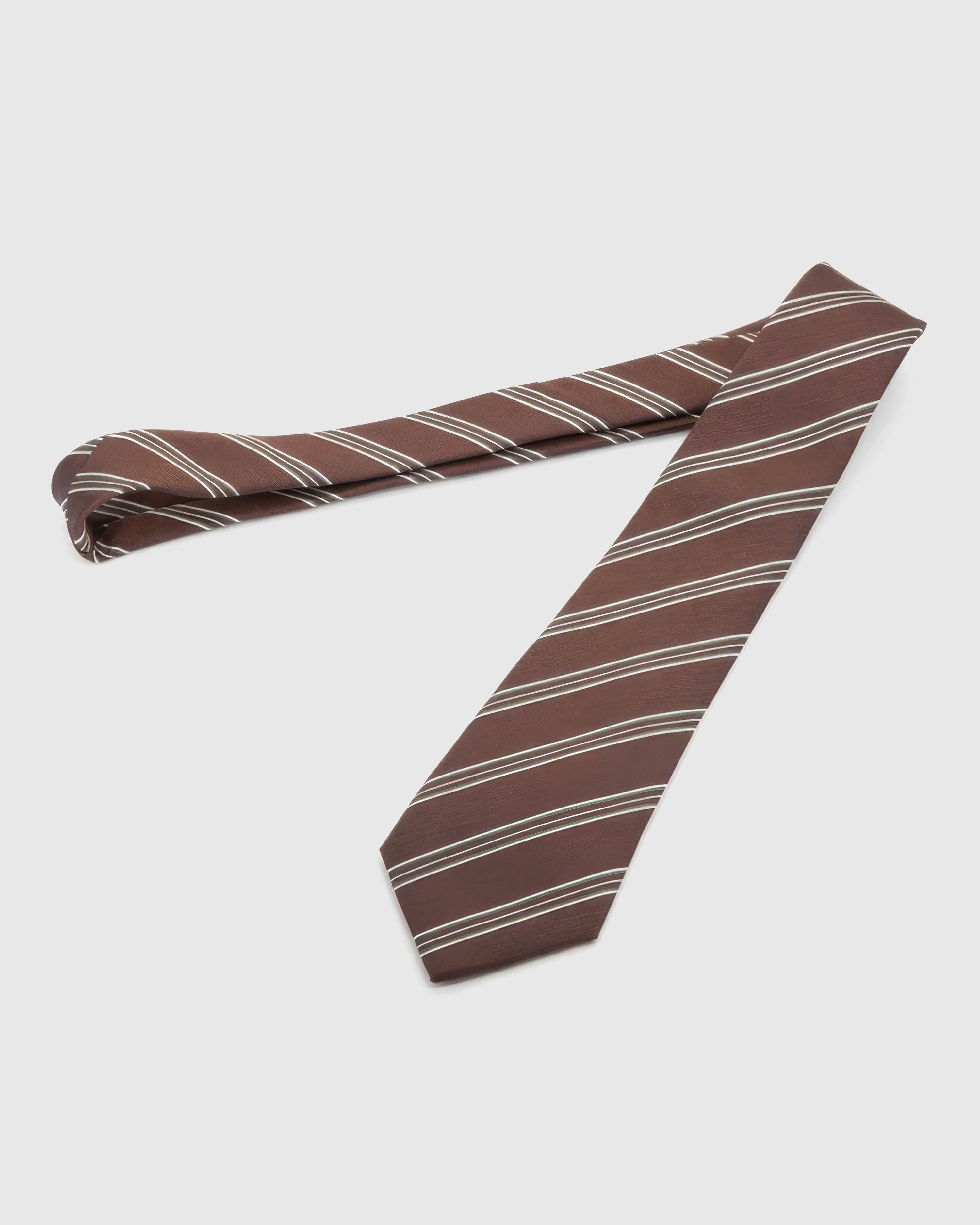 Full-length STICKYZOO Mahogany Regimental Tie laid flat on white, showing the complete clustered diagonal regimental stripes repeat and 145 × 8 cm proportions