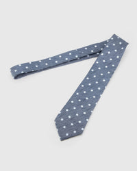 Full-length STICKYZOO Slate Daisy Tie laid flat on white, showing the complete small daisy blossoms repeat and 145 × 8 cm proportions