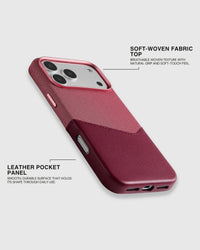 Soft-woven fabric top and smooth vegan leather pocket panel on the Red wallet phone case