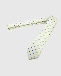 Full-length STICKYZOO Ivory Cobalt Bloom Tie laid flat on white, showing the complete cobalt eight-petal blooms repeat and 145 × 8 cm proportions