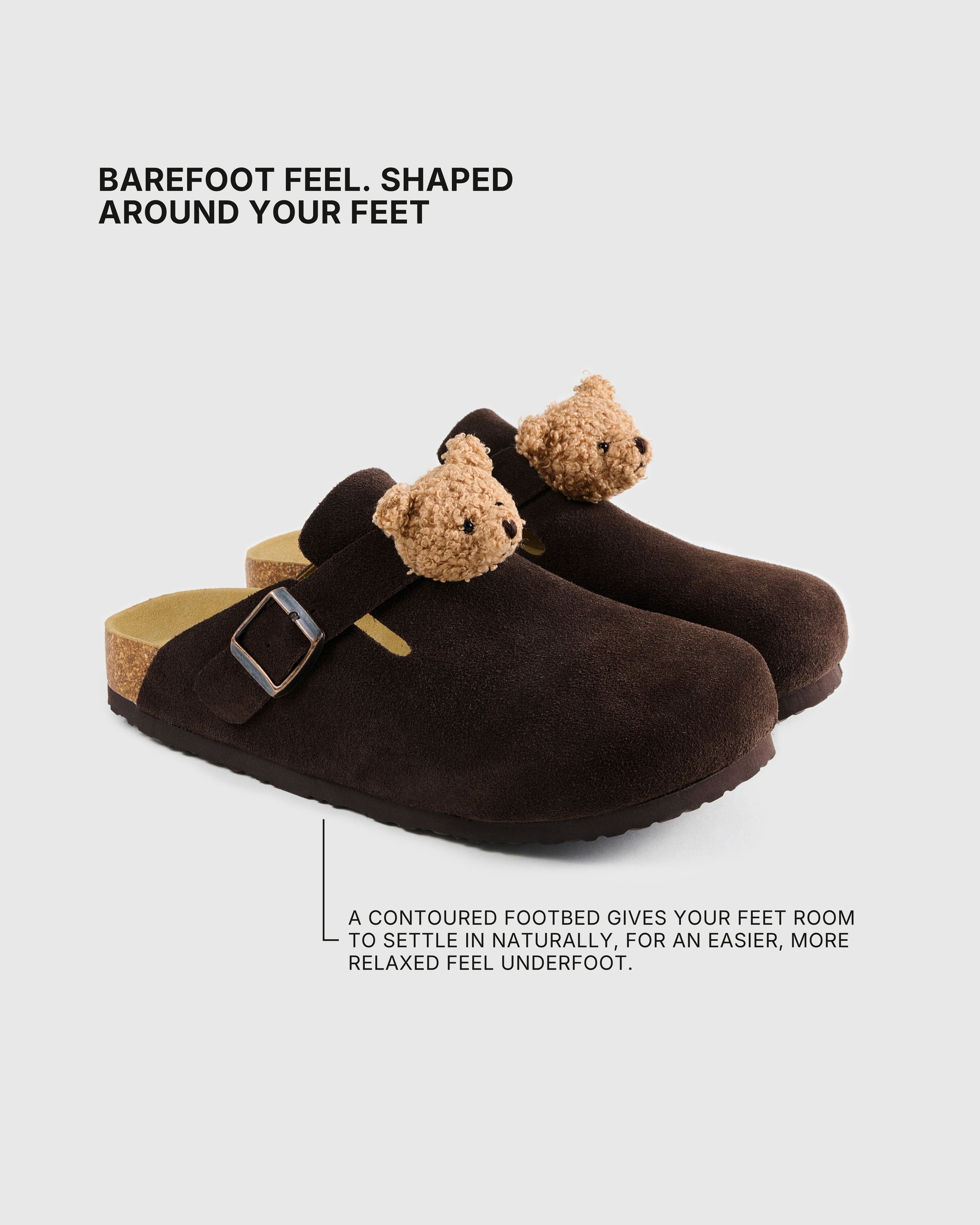 Shaped footbed inside the teddy bear brown suede clogs with an adjustable buckle strap