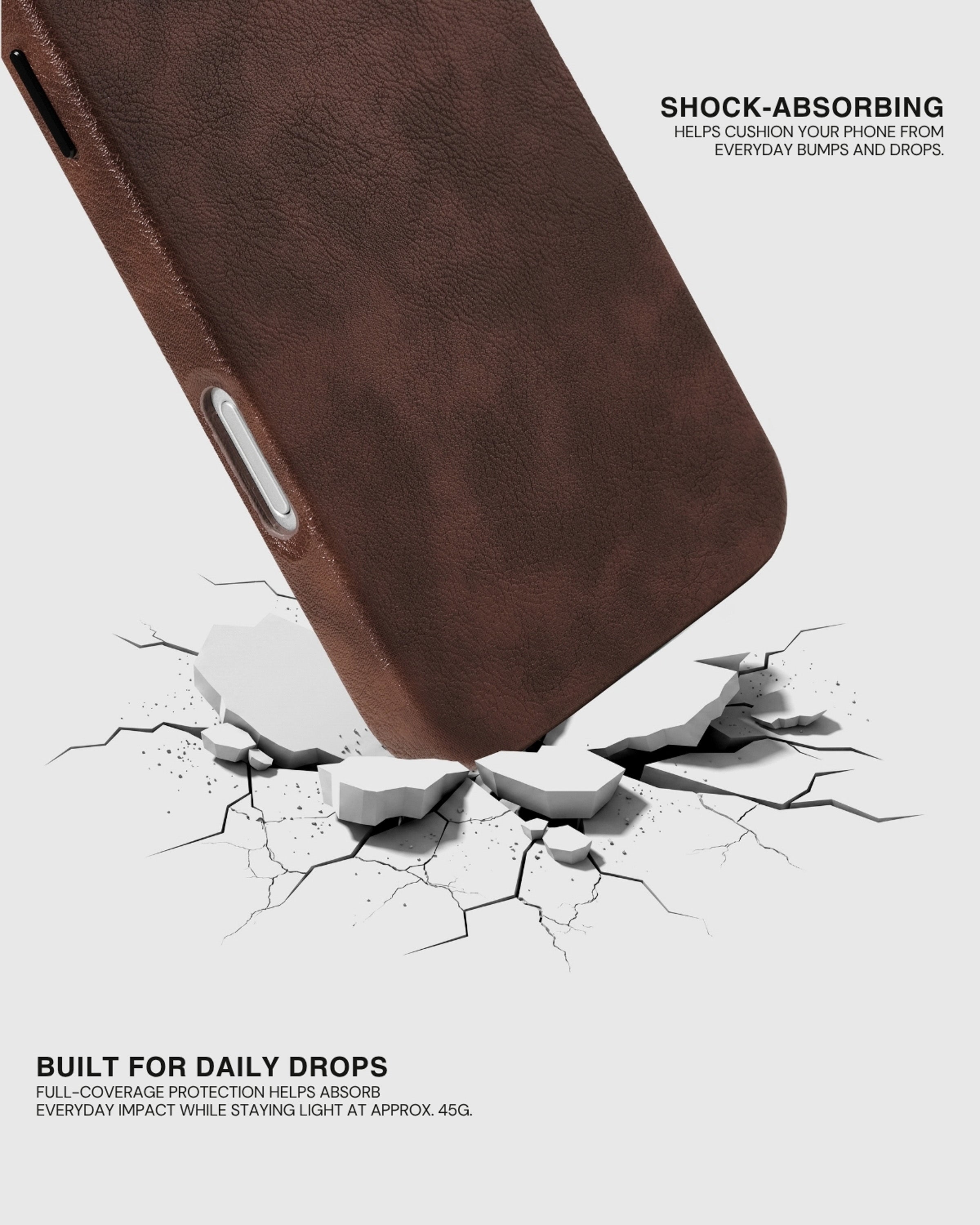 Splash-resistant brown vegan leather case surface wiping clean after water droplets
