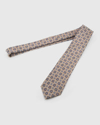 Full-length STICKYZOO Champagne Mosaic Tie laid flat on white, showing the complete alternating geometric mosaic squares repeat and 145 × 8 cm proportions
