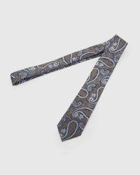 Full-length STICKYZOO Midnight Chestnut Paisley Tie laid flat on white, showing the complete large paisley scrolls repeat and 145 × 8 cm proportions