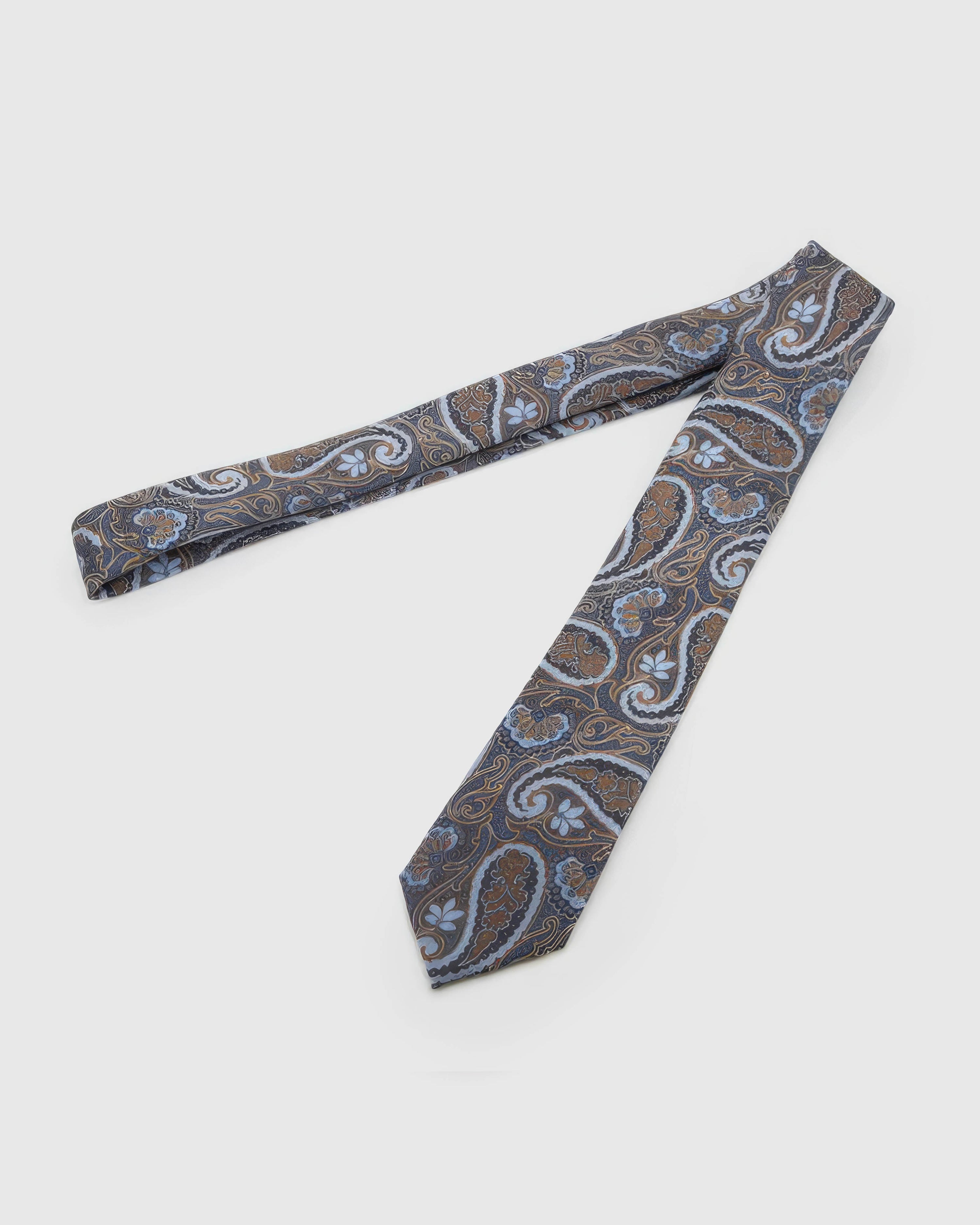 Full-length STICKYZOO Midnight Chestnut Paisley Tie laid flat on white, showing the complete large paisley scrolls repeat and 145 × 8 cm proportions