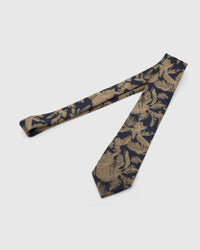 Full-length STICKYZOO Navy Gilt Foliage Tie showing gilt tropical foliage across a 145 × 8 cm hand-finished mulberry silk tie