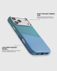Soft-woven fabric top and smooth vegan leather pocket panel on the Sky Blue wallet phone case