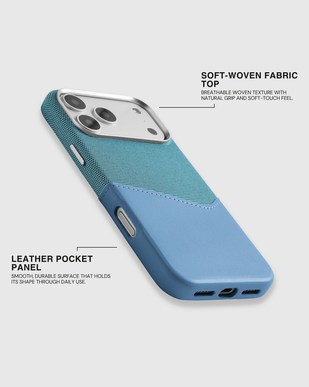 Soft-woven fabric top and smooth vegan leather pocket panel on the Sky Blue wallet phone case