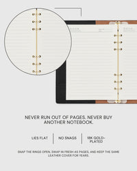 18K gold-plated six-ring refillable mechanism inside the black leather A5 notebook