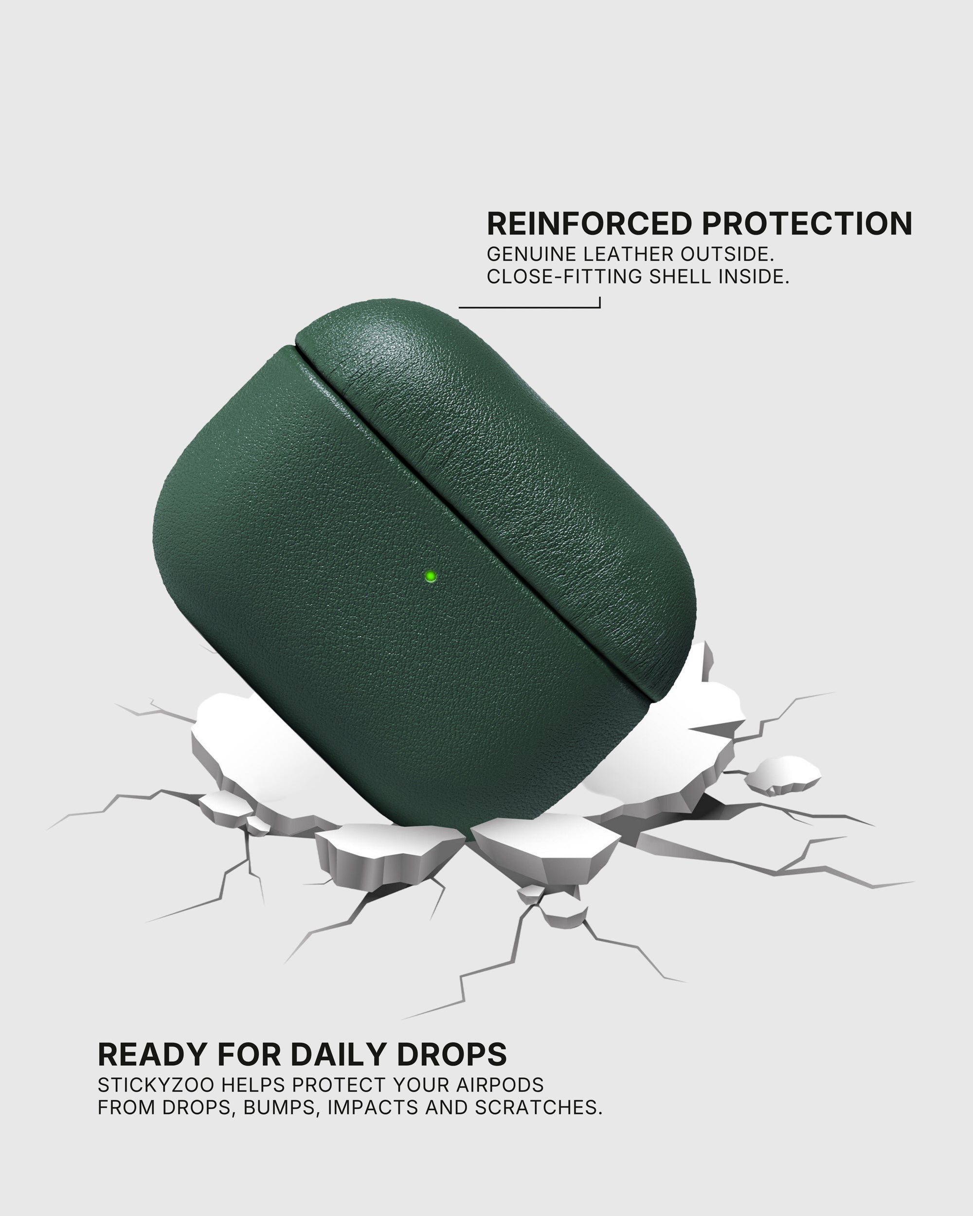 Green AirPods case landing on a cracked surface to illustrate drop protection