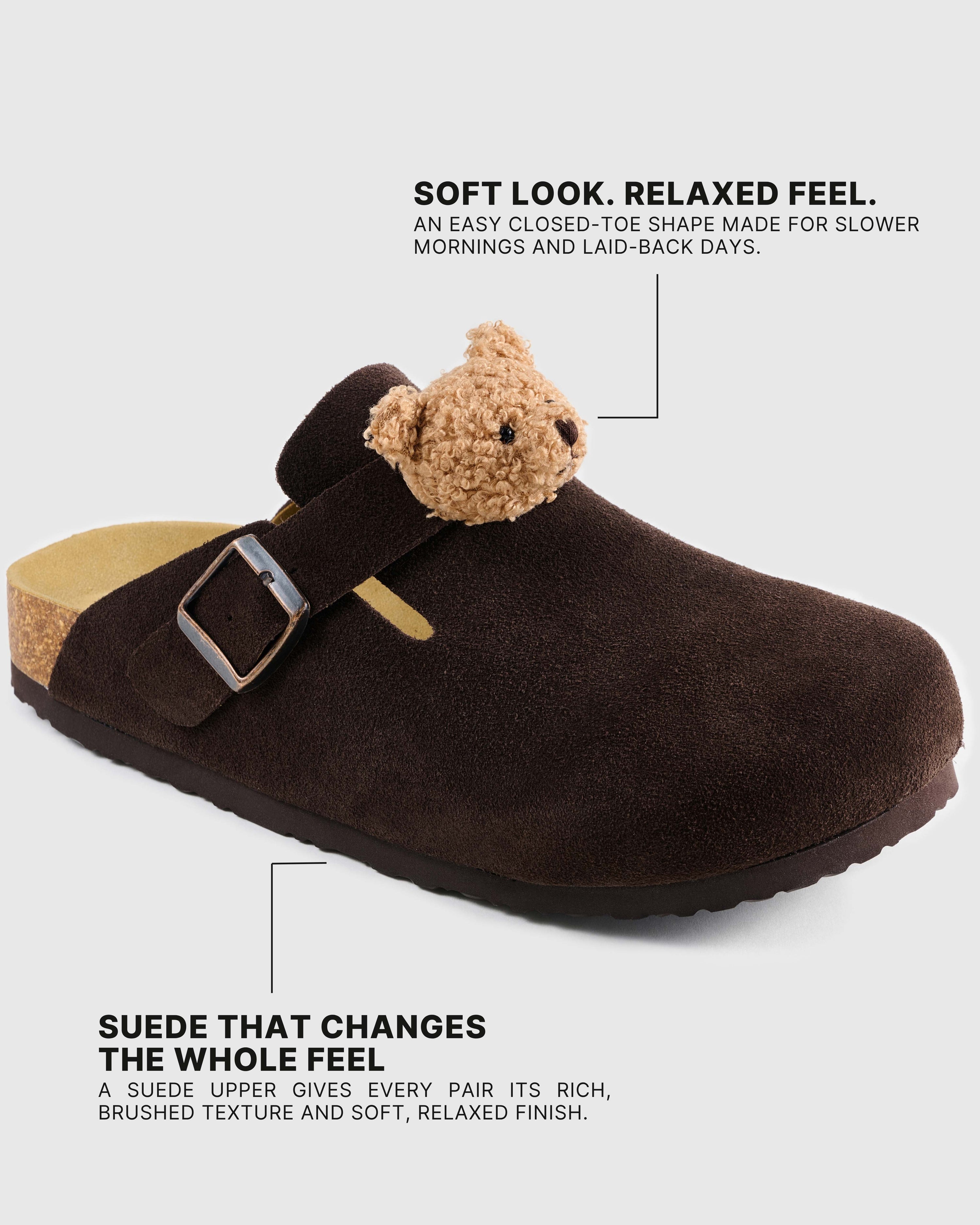 Soft chocolate-brown suede upper, closed toe, and light tan plush teddy bear detail