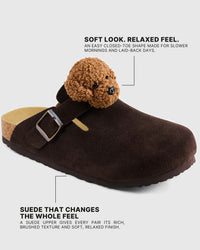 Soft chocolate-brown suede upper, closed toe, and medium brown curly plush poodle detail
