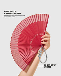 Beige fabric storage sleeve included with the camellia folding hand fan