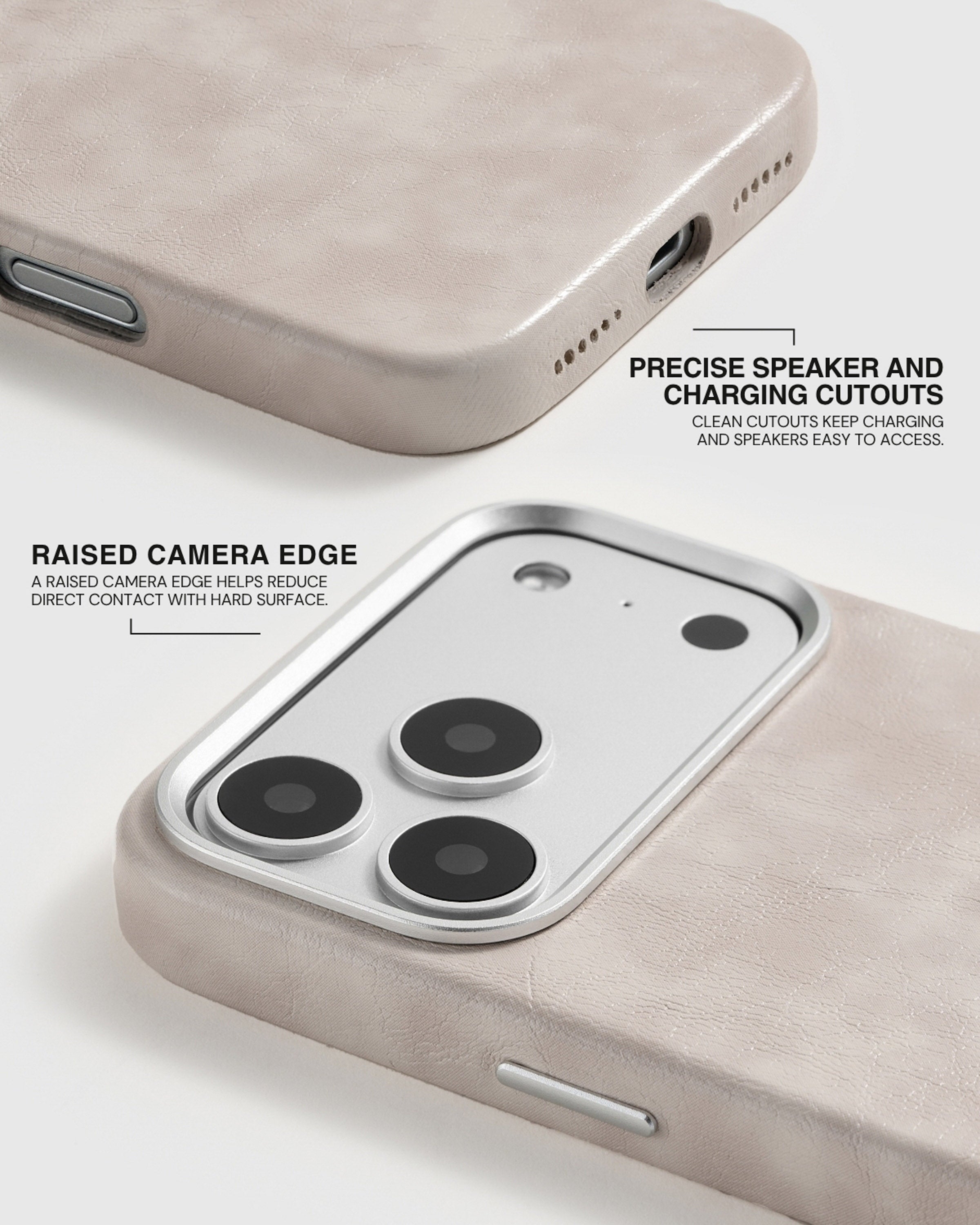 Precise speaker and charging cutouts with a raised camera edge on the cream Heritage Leather Case