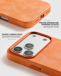 Precise speaker and charging cutouts with a raised camera edge on the orange Heritage Leather Case