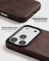 Precise speaker and charging cutouts with a raised camera edge on the brown Heritage Leather Case