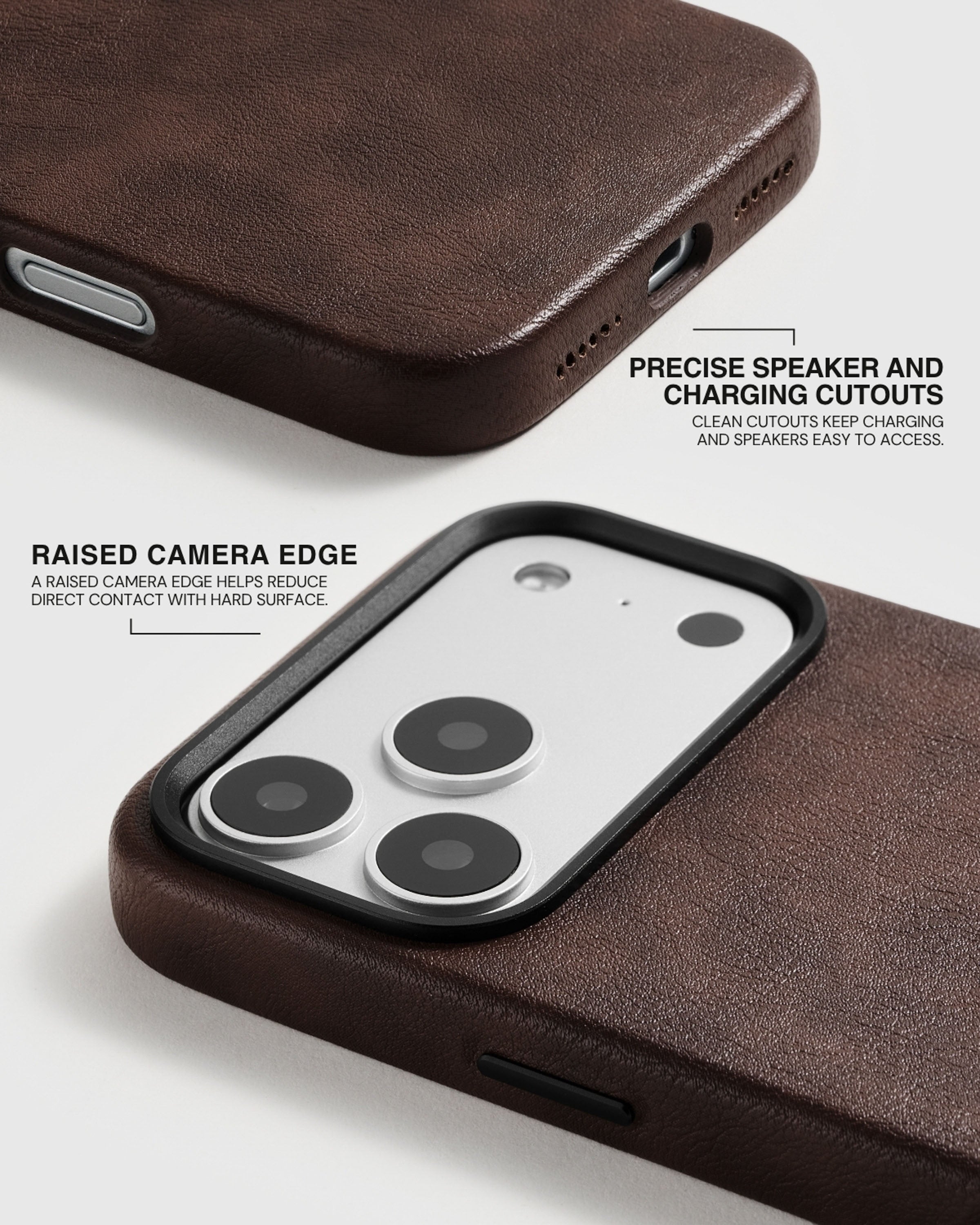 Precise speaker and charging cutouts with a raised camera edge on the brown Heritage Leather Case