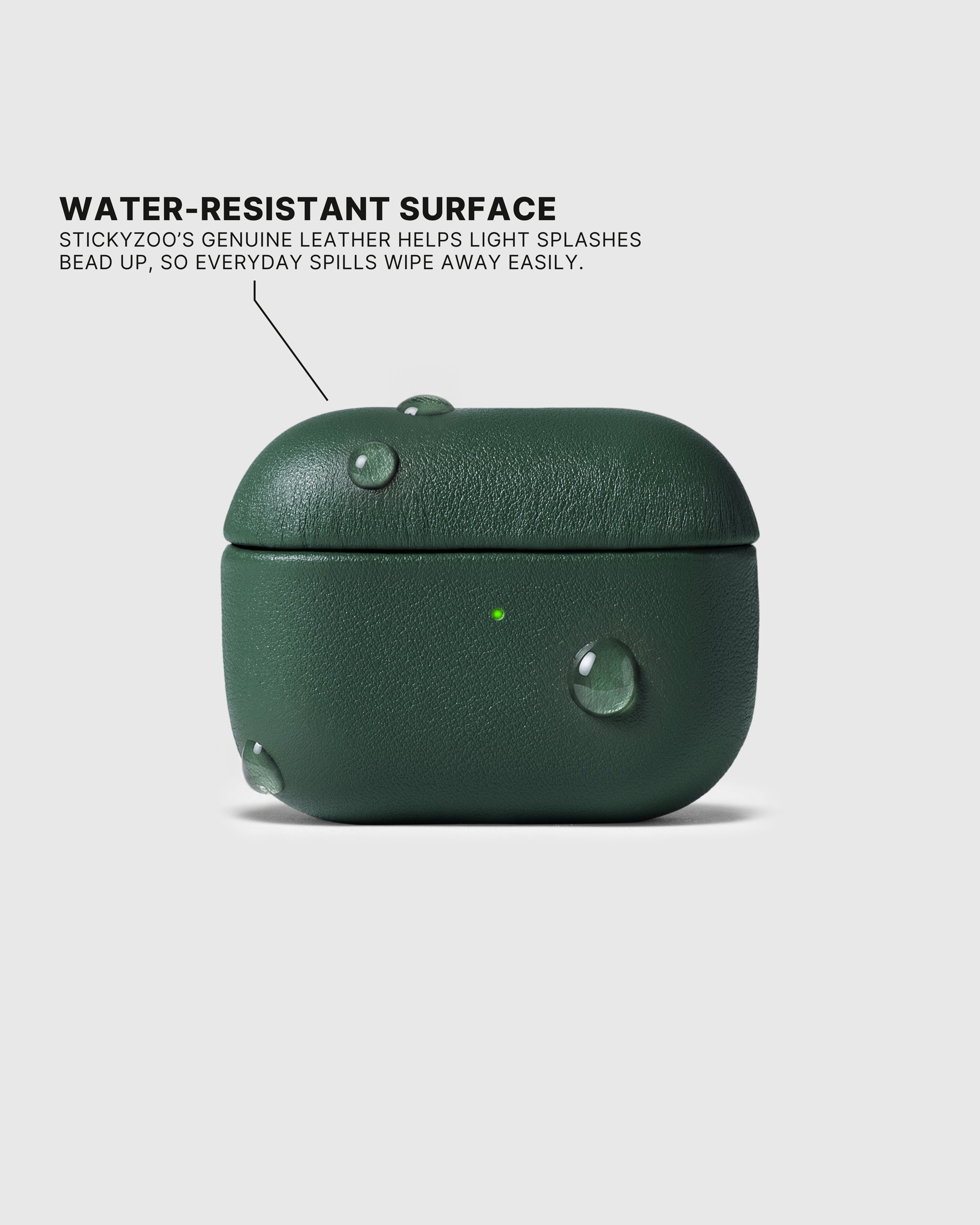 Water droplets beading on the Green AirPods case surface