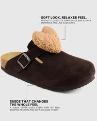 Soft chocolate-brown suede upper, closed toe, and light tan plush heart detail