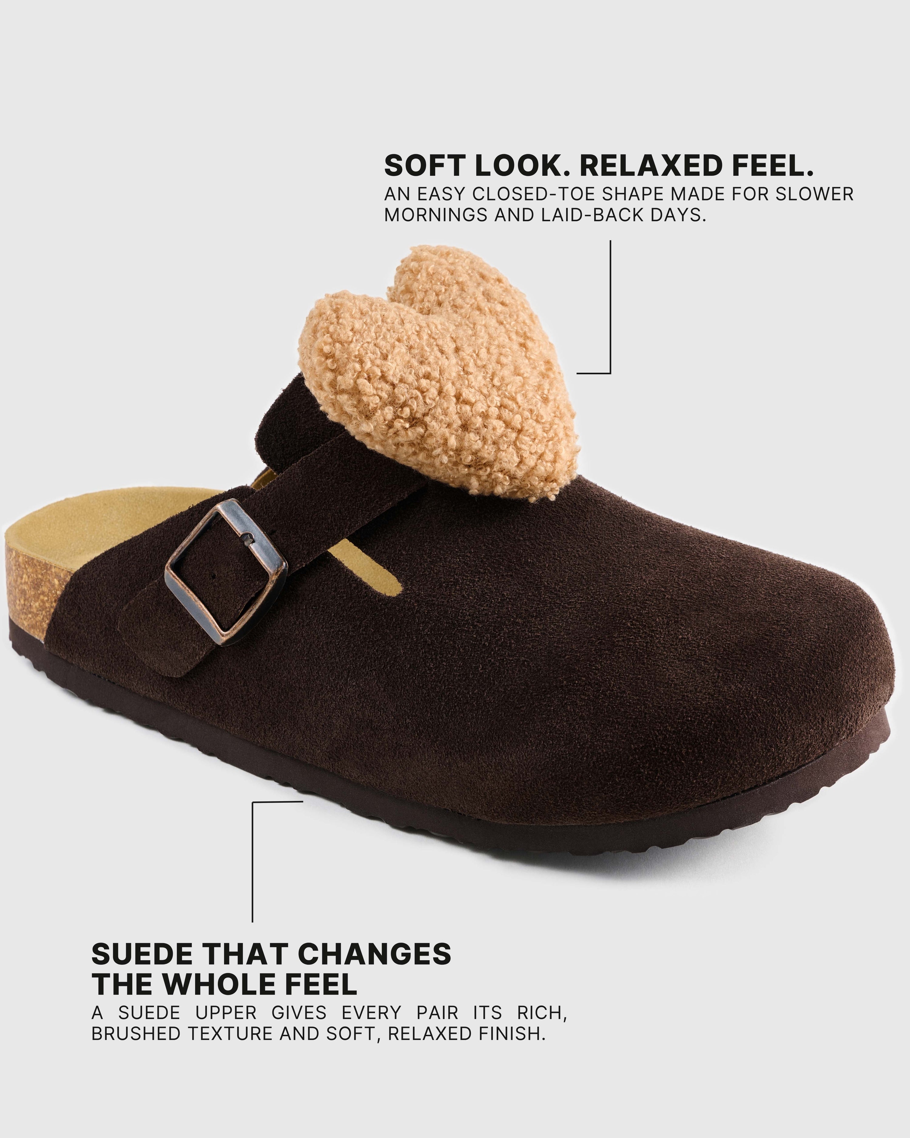 Soft chocolate-brown suede upper, closed toe, and light tan plush heart detail