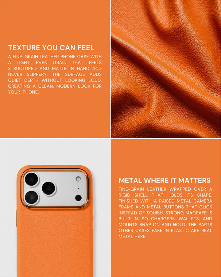 BEZEL LEATHER PHONE CASE — ORANGE