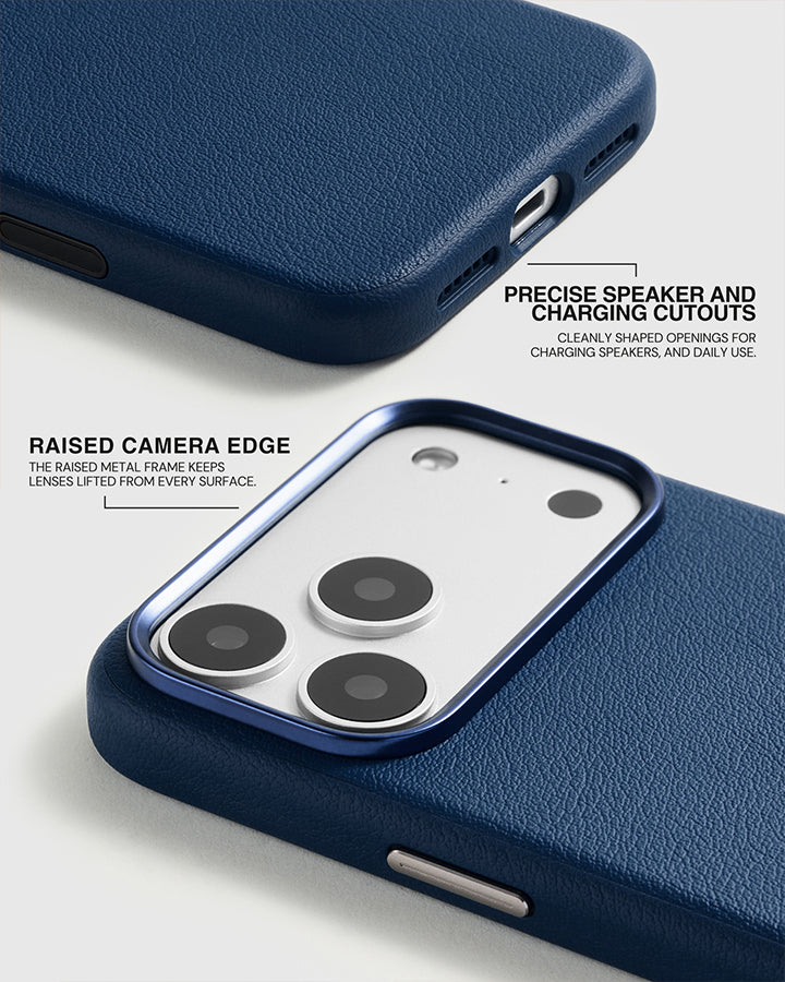 BEZEL LEATHER PHONE CASE — NAVY