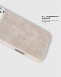 Splash-resistant cream vegan leather case surface wiping clean after water droplets