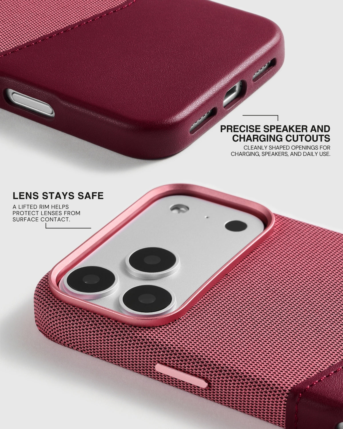 Rated 4.9★ — Red wallet iPhone case with a raised 0.3mm metal camera frame and precise cutouts