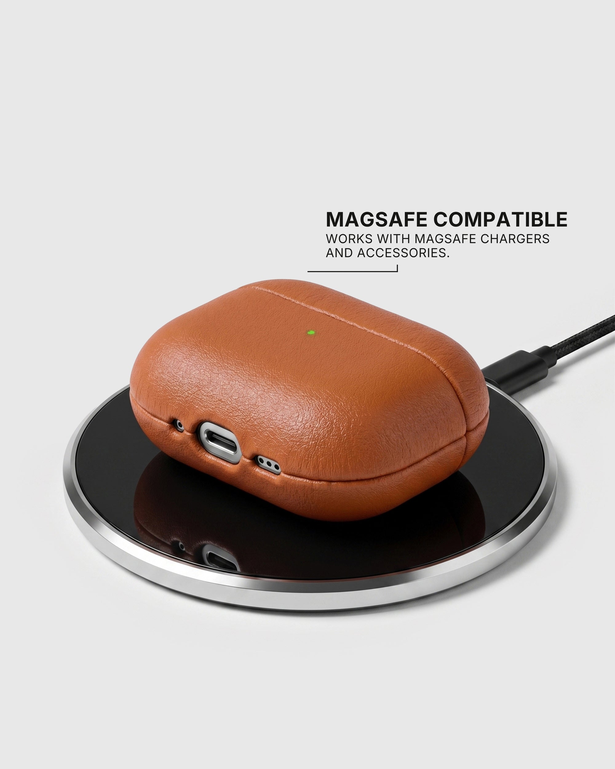 Cognac AirPods case on a wireless charging pad with text stating MagSafe compatibility