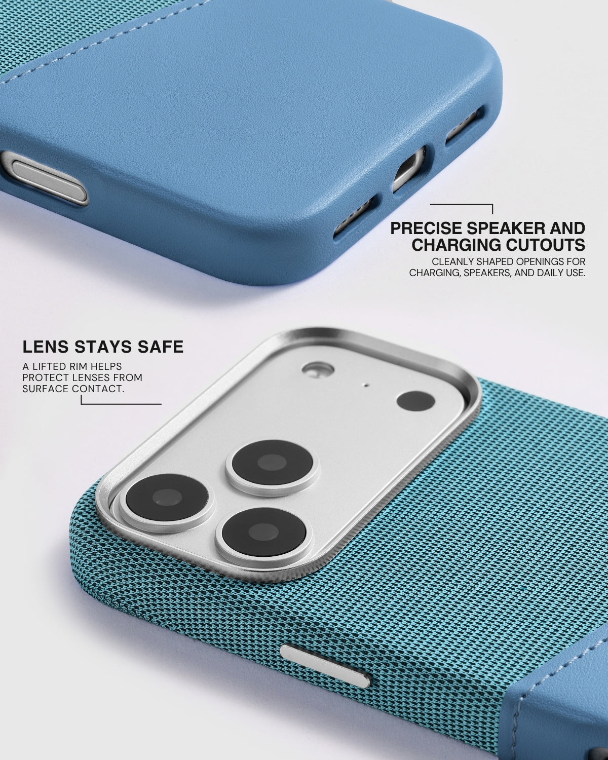 Rated 4.9★ — Sky Blue wallet iPhone case with a raised 0.3mm metal camera frame and precise cutouts