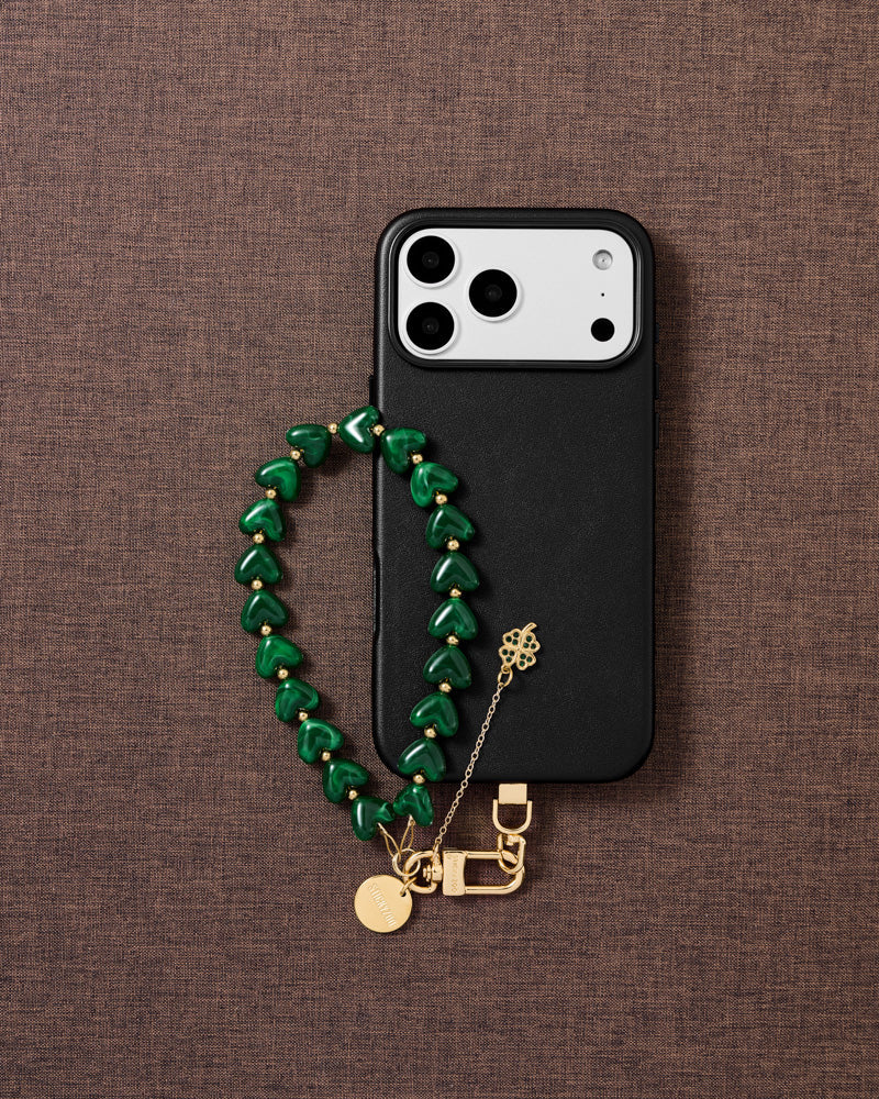EMERALD CLOVER HEART PHONE STRAP