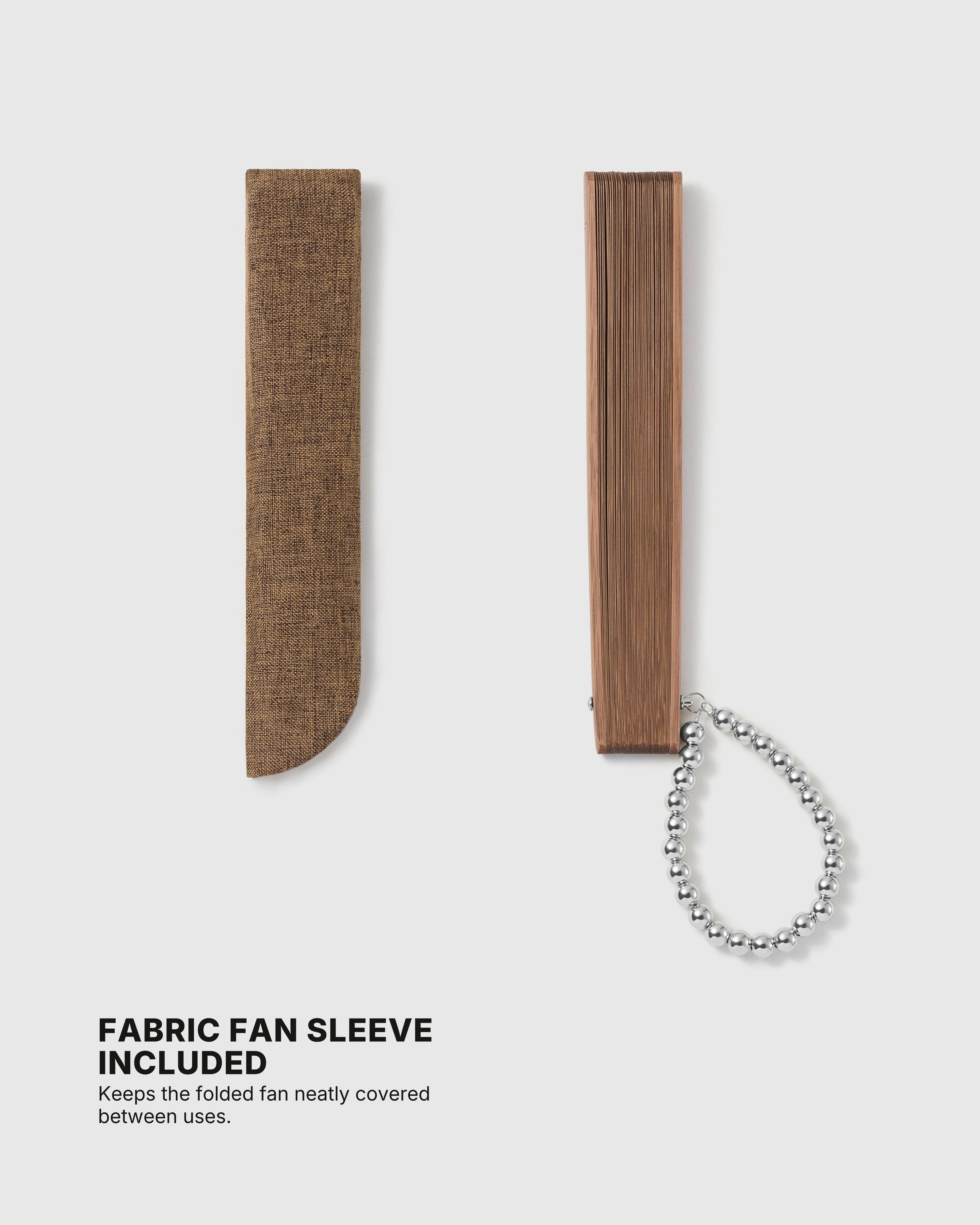 Fabric storage sleeve included with the espresso folding hand fan