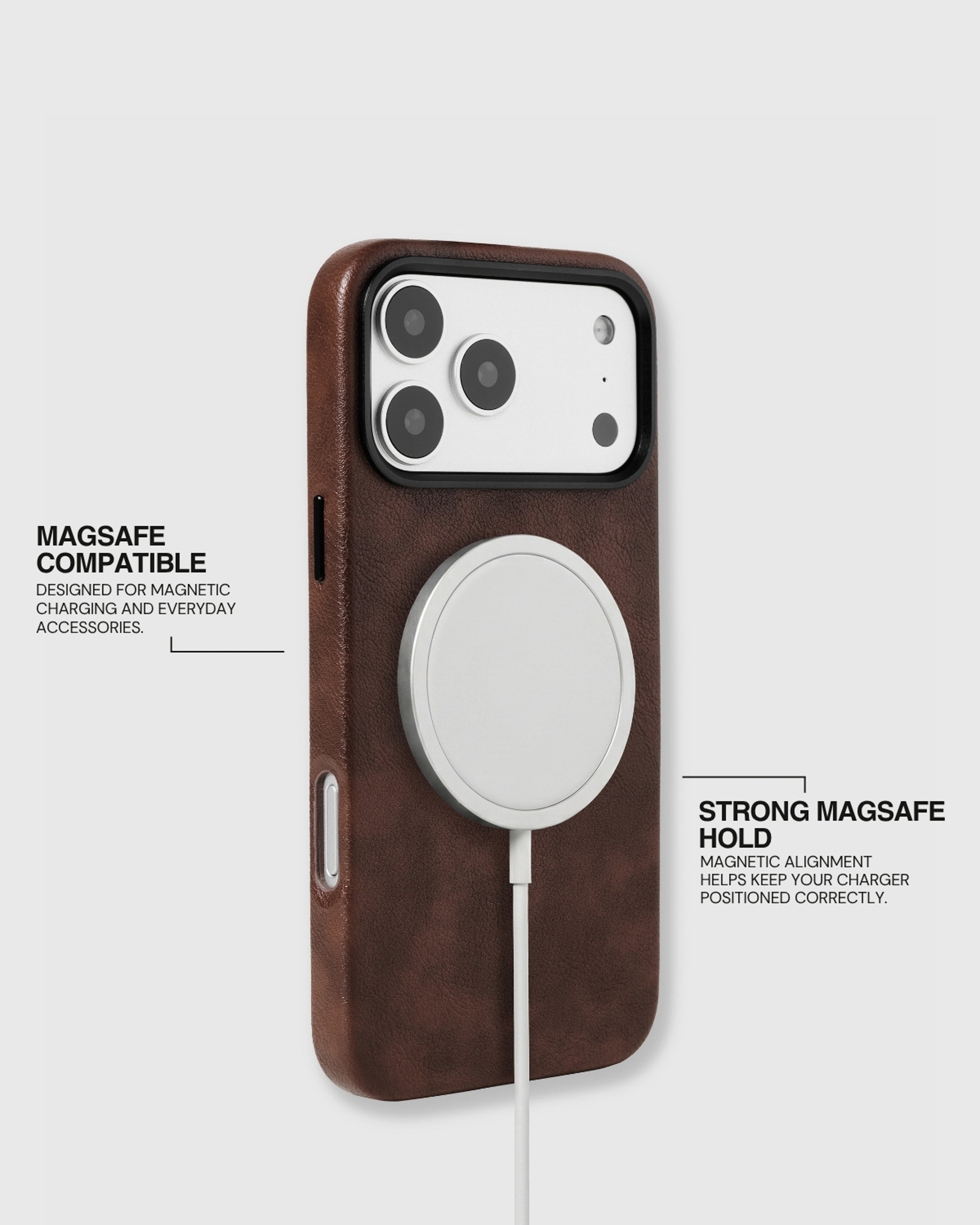 Brown STICKYZOO Heritage Leather Case aligned with a MagSafe charger