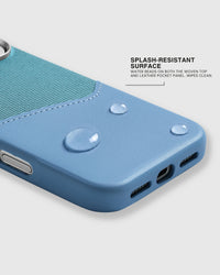 Splash-resistant surface of the Sky Blue wallet phone case wiping clean after small spills